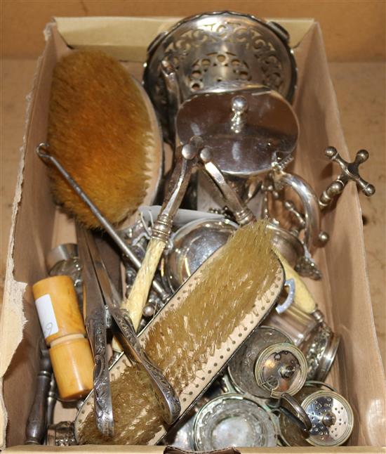 Victorian silver backed hairbrush, clothes brush, shoe horn, glove stretchers, top of card case, 2 tea strainers, medicine phial etc.